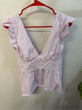 Skies Are Blue Lavender and White Striped V-Neck Ruffle Peplum Top